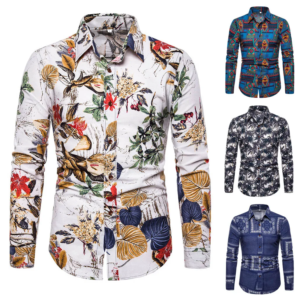 Рубашка мужская приталенная с длинным рукавом гавайский принт Повседневная