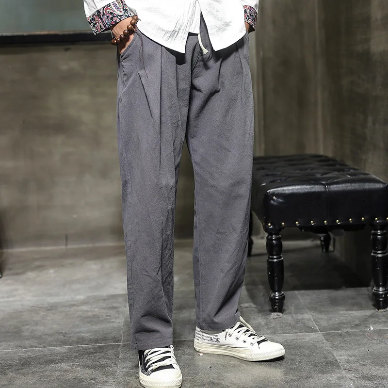

Summer Cotton and Linen Ankle Length Pants Men's Black Navy Gray Trousers Fashion Casual Lace-Up Pants S-4XL 5XL