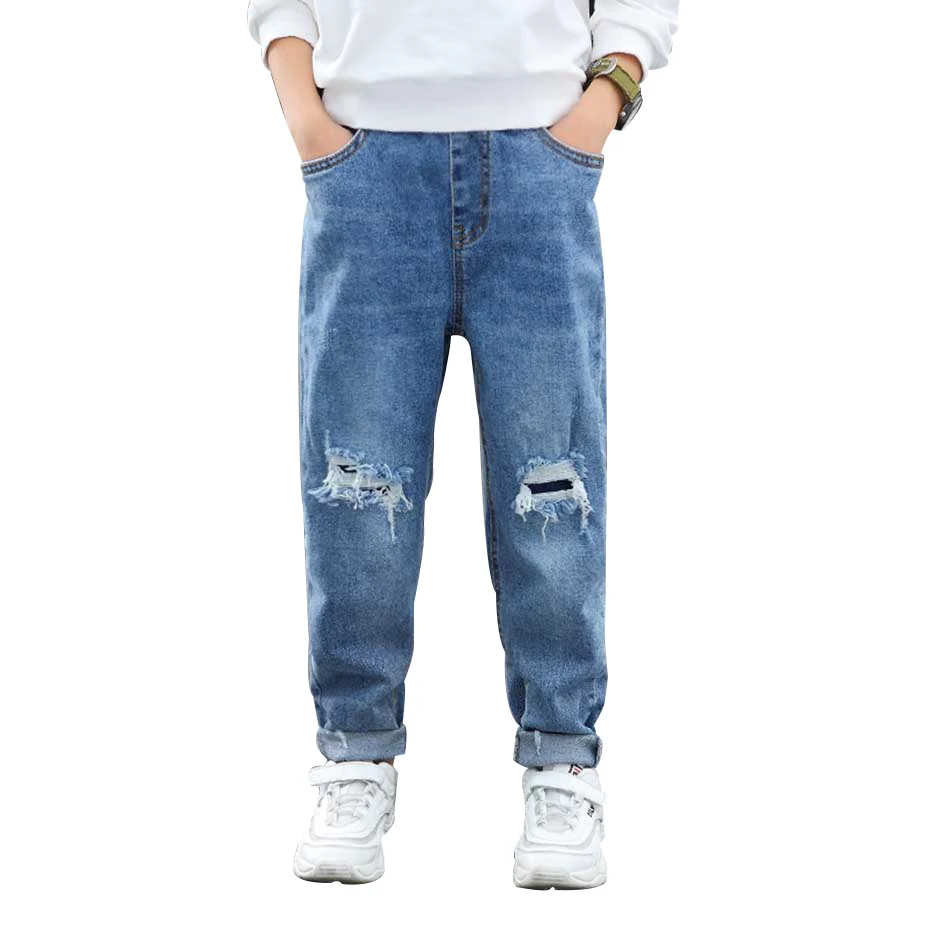 Джинсы для мальчиков однотонные джинсы с дырками детские эластичным поясом