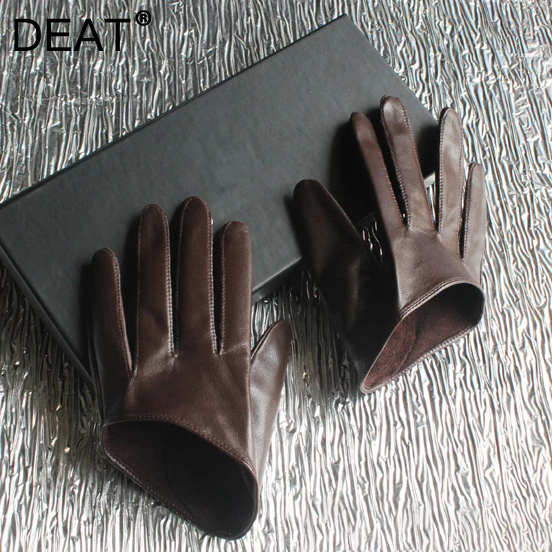 

Женские кожаные перчатки до половины ладони DEAT, коричневые короткие перчатки из овечьей шкуры, однотонные, сезон осень-зима 2021, 7I2102