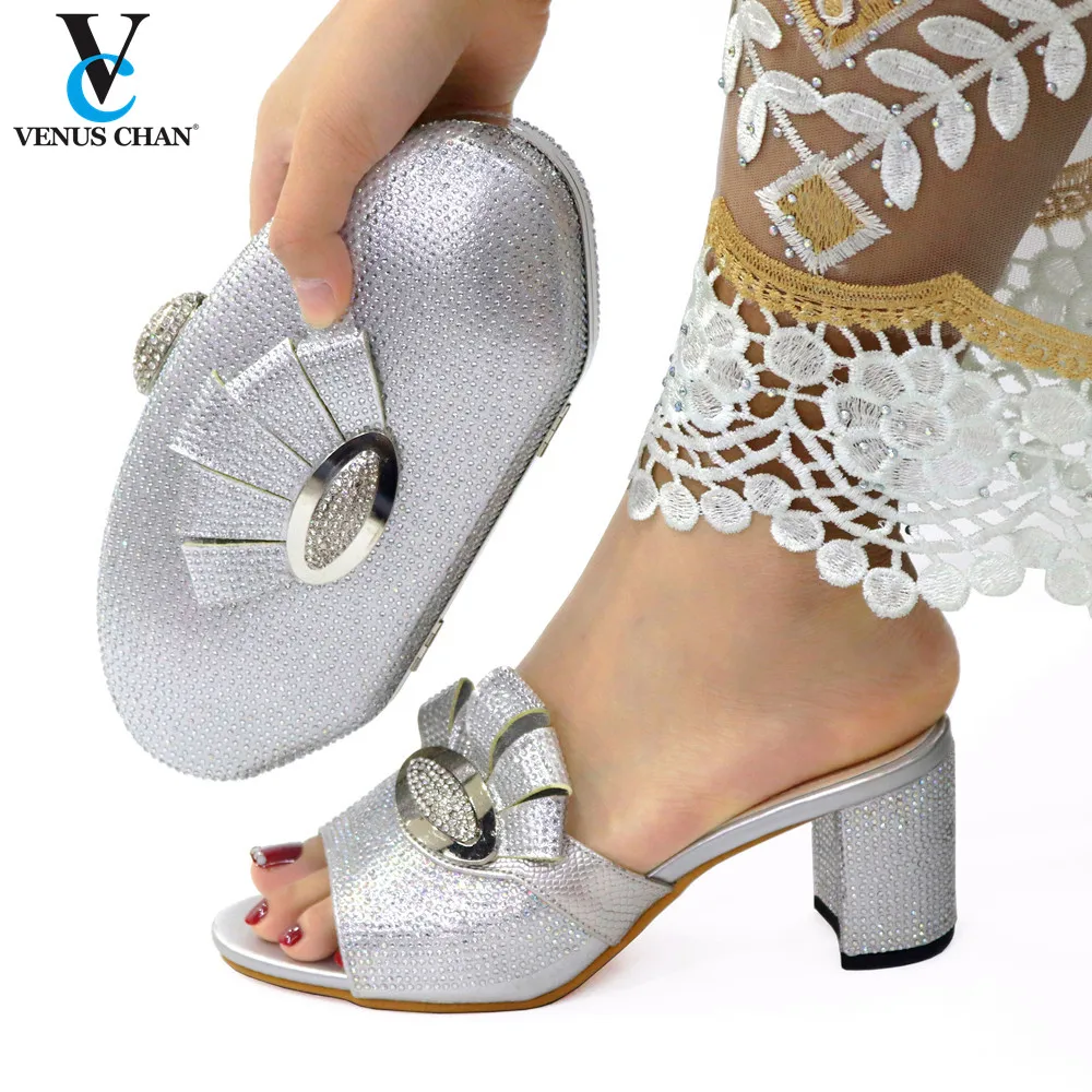

2021 Summer Women Shoes and Bag Lastest Fashion Colorful Italian Design Nigerian Hot Crystal Style in Silver Color