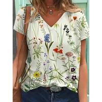 casual v neck short sleeve letter floral printed women blouse shirts 2021 summer fashion new loose streetwears female blusa 5xl
