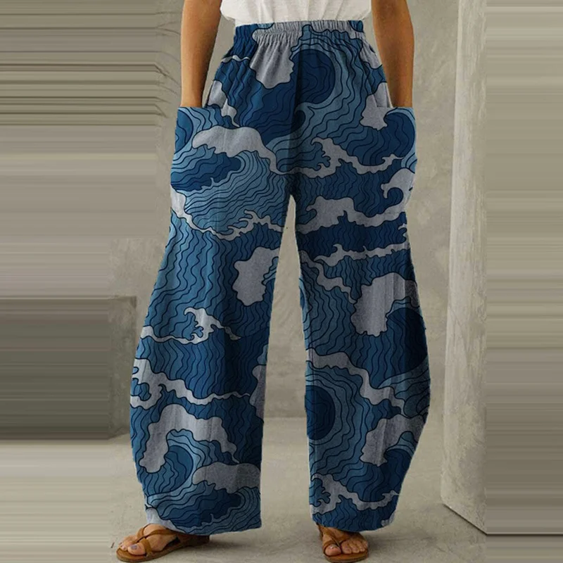 

Брюки женские длинные из хлопка и льна, повседневные свободные брюки с высокой талией и широкими штанинами, с эластичным поясом, в богемном ...