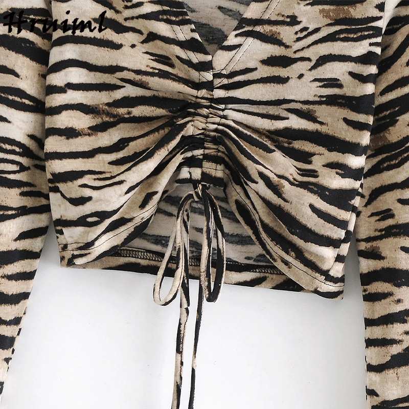 

Short Outfit Shirts Casual Fashion New Arrival Long Sleeve Shirts for Women Night Club Print Drawstring V Neck Sexy Tops