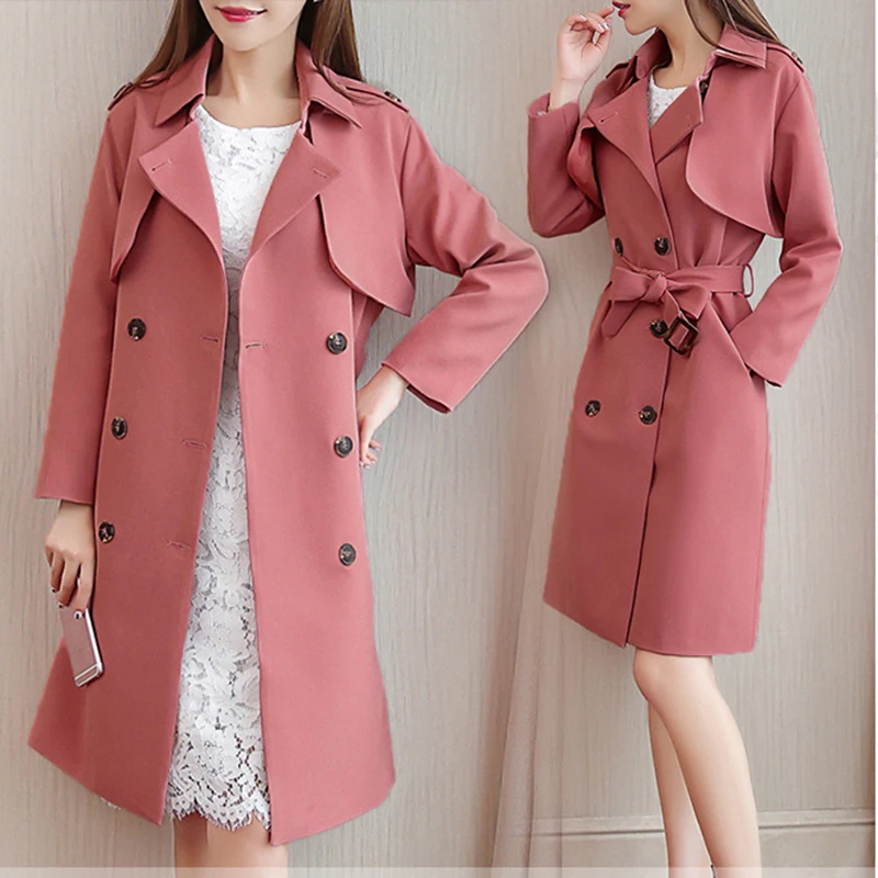 

high quality Long Trench Women Coat Belt Tie High Fashion Autumn Winter Windbreaker Double-breast OL Coats Trenchs