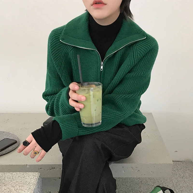 

Женский трикотажный свитер-водолазка, повседневный Свободный вязаный свитер-водолазка на молнии, в винтажном стиле, Осень-зима 2021