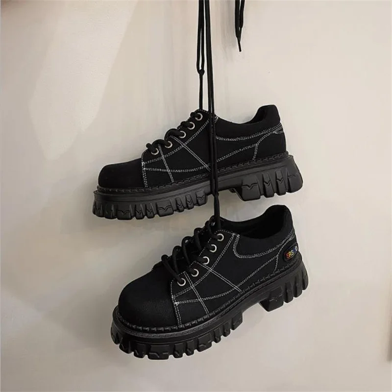 

Женские холщовые туфли на шнуровке, черные туфли-оксфорды на плоской платформе, в Корейском стиле, весна-осень 2021