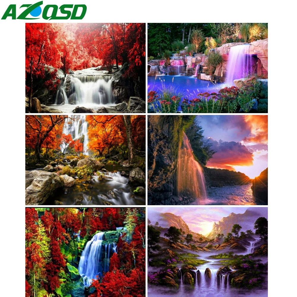 

AZQSD Full Square Diamond Embroidery Waterfall Mountain Mosaic Rhinestones Diamond Painting Landscape Cross Stitch Home Decor