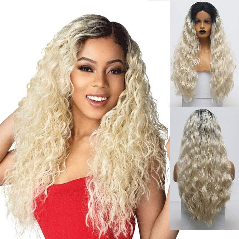 

AIMEYA Dark Roots Ombre White Blonde Synthetic Lace Front Wig Long Water Wave for Women Hair Lace Wigs Cosplay Half Hand Tied