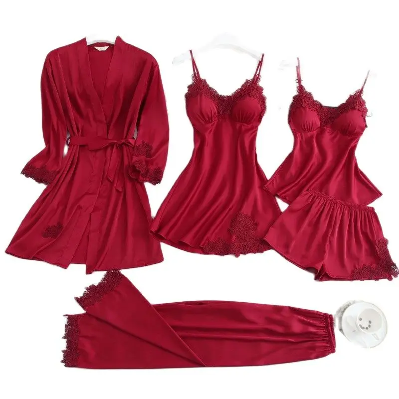 

NEW 5 Piece Pajamas Set Sexy Lace Stain Women Pajamas Faux Silk Dressing Gown Lace Summer Robe Sleepwear With Chest Pads