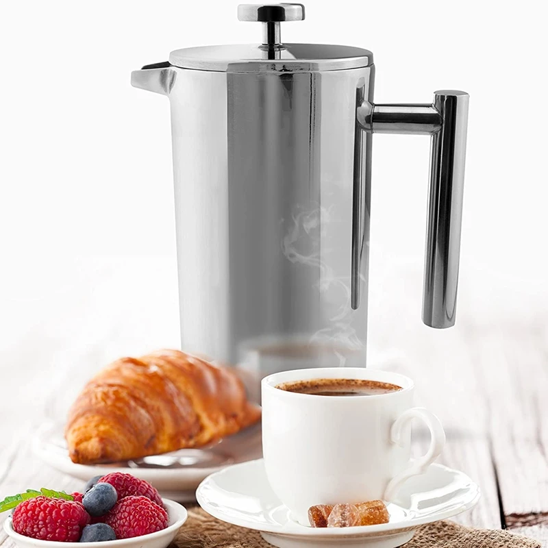 

800 ML French Press,27Oz,Double Wall Stainless Steel Tea Cafetiere Kettle, with Coffee Measuring Spoon&5 Filter Screens