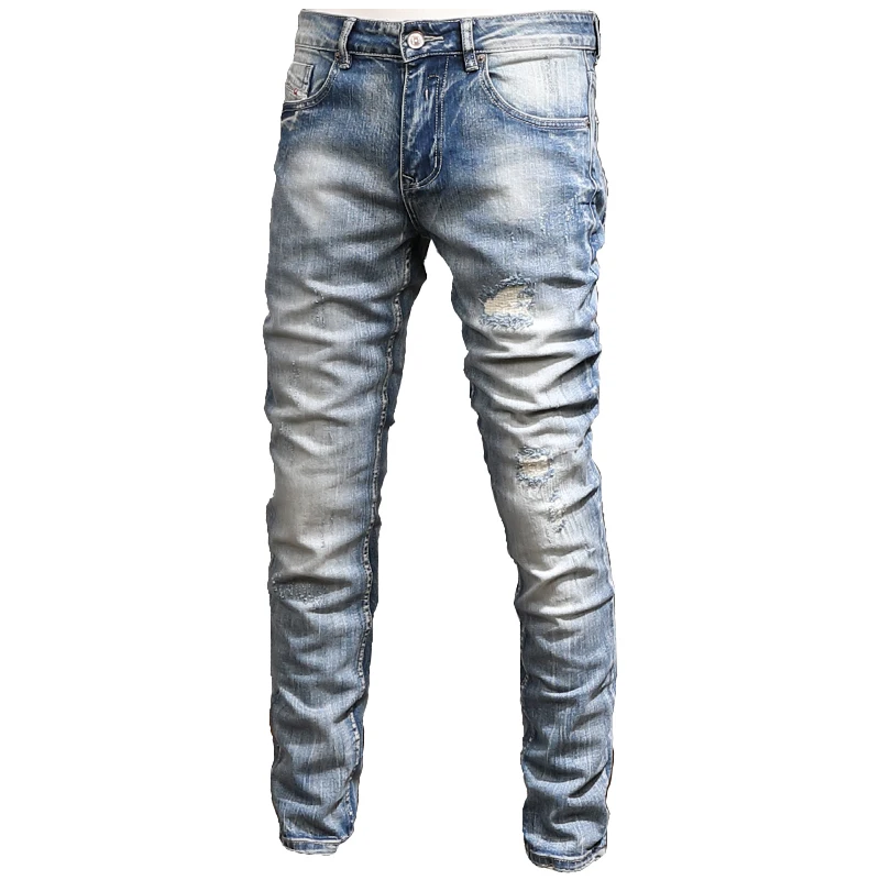 Classic Mens Light Blue Ripped Jeans Men Streetwear Casual Straight Slim Fit Pants Cotton Denim Trousers