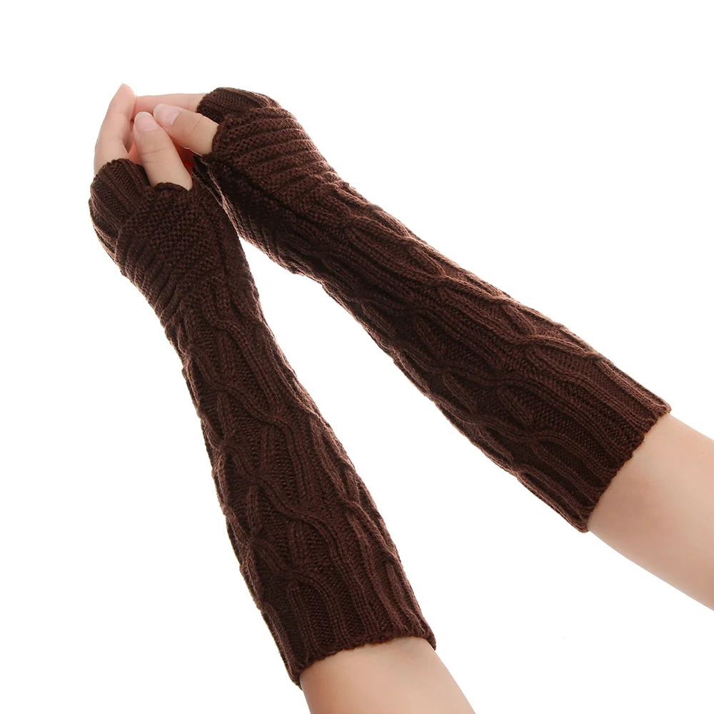 1 Pair Fashion Autumn Winter Spring Warm Women Ladies Girl Solid Gloves Arm Warmer Long Fingerless Xmas Knitting Wool Mittens - Цвет: coffee