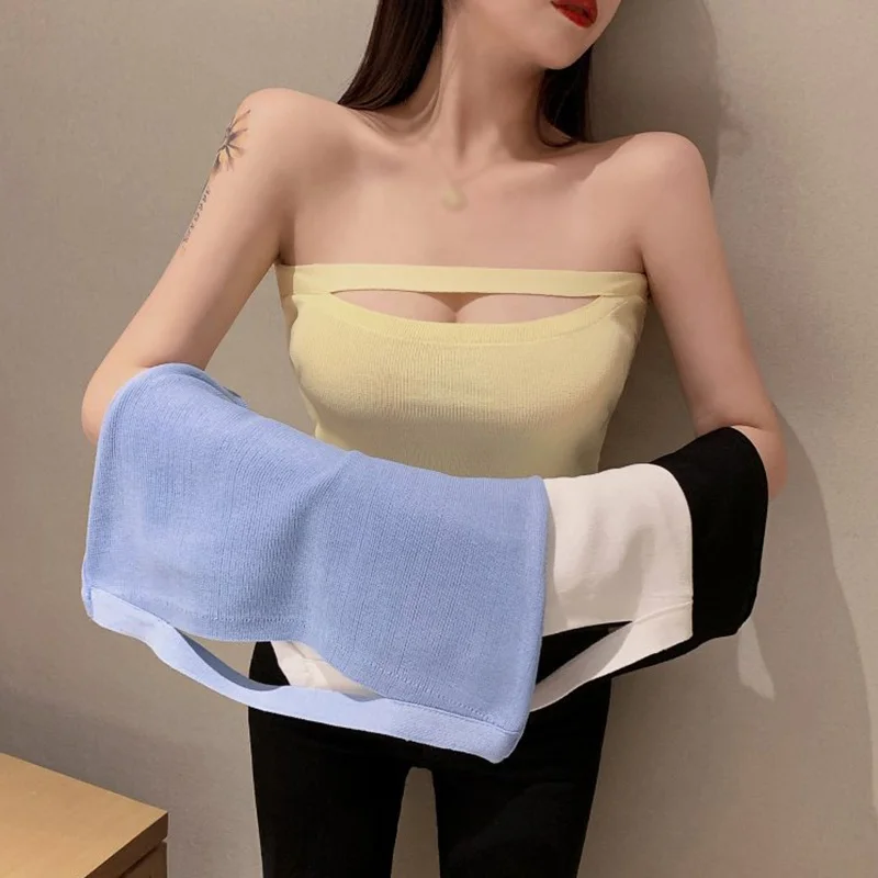 

Women Ruffles Summer Tank Tops Sexy Slim Camis Female Knitted Tube Crop Tops midriff-baring outfit Tanks & Camis