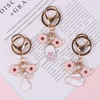 2021 lovely pink rabbit cat keychain keyring for women girl jewelry animal pet flower cute bag car key holder keyring wholesale