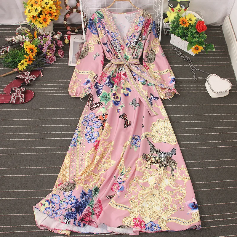 

2021 Fashion New Spring Summer Ladies Dress V Neck Long Sleeve High Waist Print Bandage Vinatge Chic Women's Dress