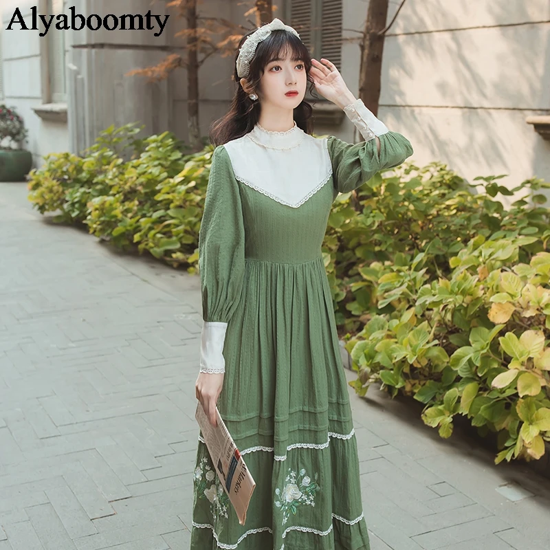 

Mori Girl Autumn Spring Women Long Dress Stand Collar Patchwork Floral Embroidery Dress Lantern Sleeve Elegant Party Chic Dress
