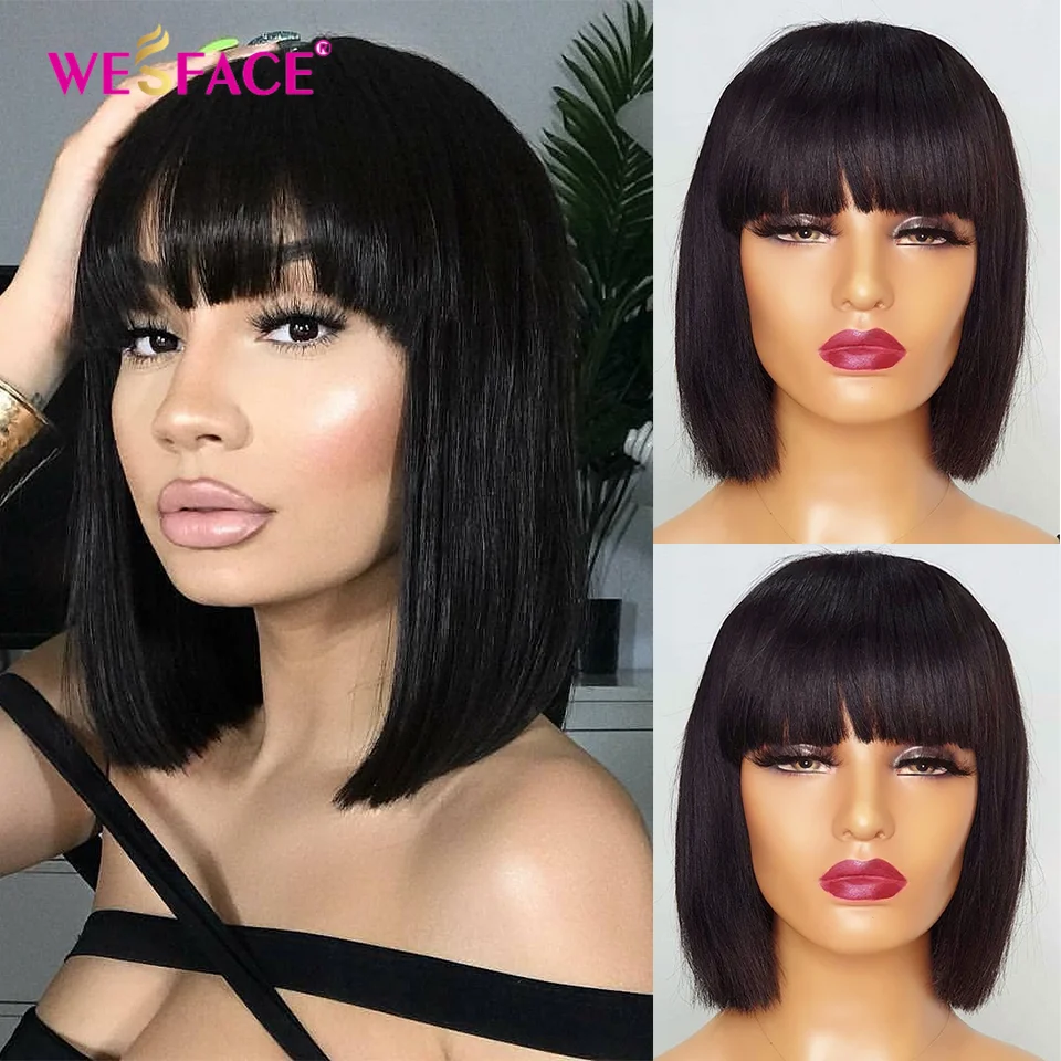 Straight Human Hair Wigs With Bangs Brazilian Human Hair Wigs for Black Women Natural Color Full Machine Made Wigs Glueless