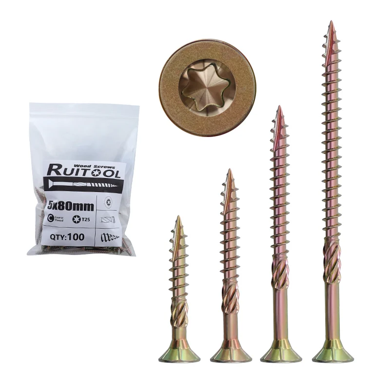 100pcs T25 Counter-sunk Wood Screws Coarse Thread 8.8mm Torx Screw Colored Zinc Plated Woodworking Self-tapping Screws