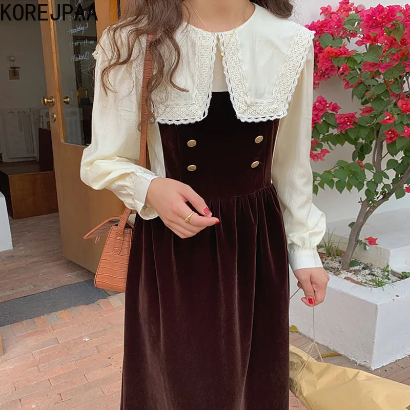 

Korejpaa French Retro Dress Ladies Lace Lapel Contrast Color Stitching Fake Two-piece Puff Sleeve Velvet Dresses Women Fashion