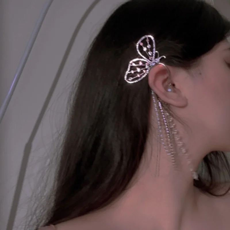 

1pcs New Trendy Long Butterfly Clip Earrings Ear Hook Pearl Ear Clips Without Pierced Ears Chain Earrings Women Girls Jewelry