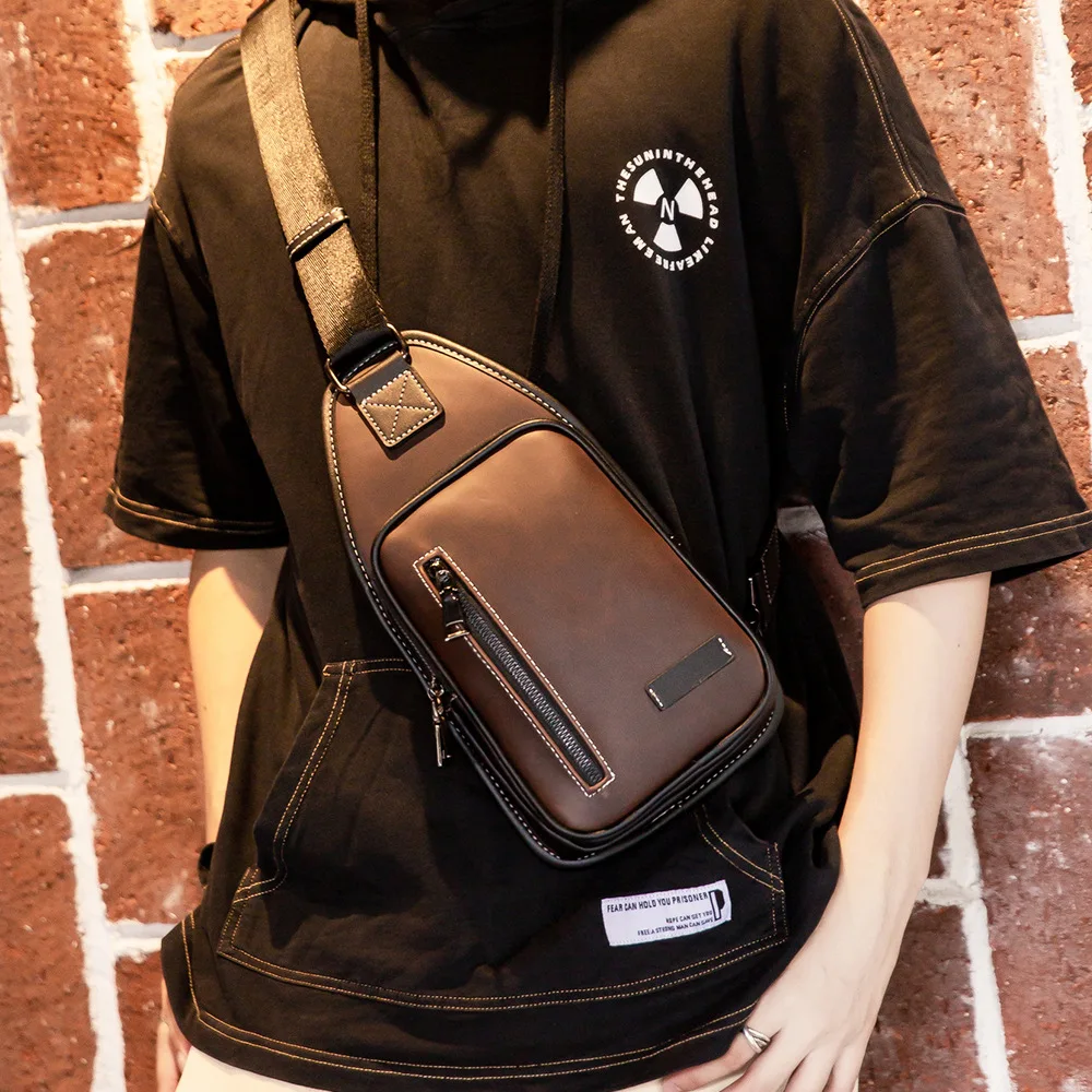 New 2021 Casual Retro Men Chest Pack High Quality Leather PU Small Sling Messenger Bag Male Travel Shoulder Cross Body Chest Bag