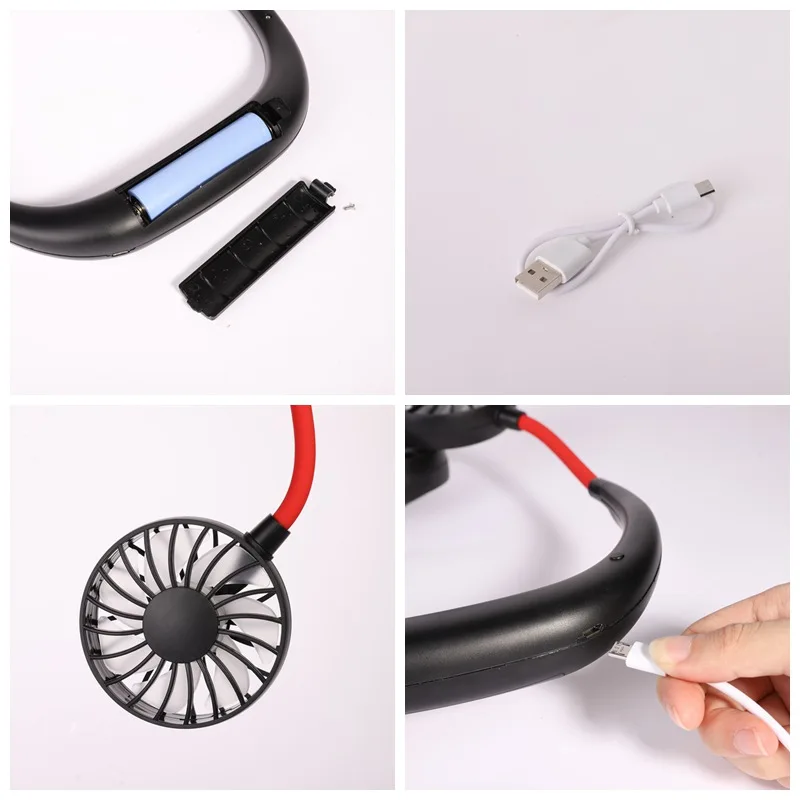 USB перезаряжаемый портативный ручной вентилятор для шеи, персональный мини-вентилятор для шеи, двойные вентиляторы, 3 скорости, регулируемые для дома и офиса