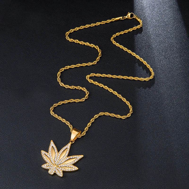 Хип-хоп Золото Цвет Нержавеющая сталь Bling Iced Out Веревка Цепь Конопляный лист