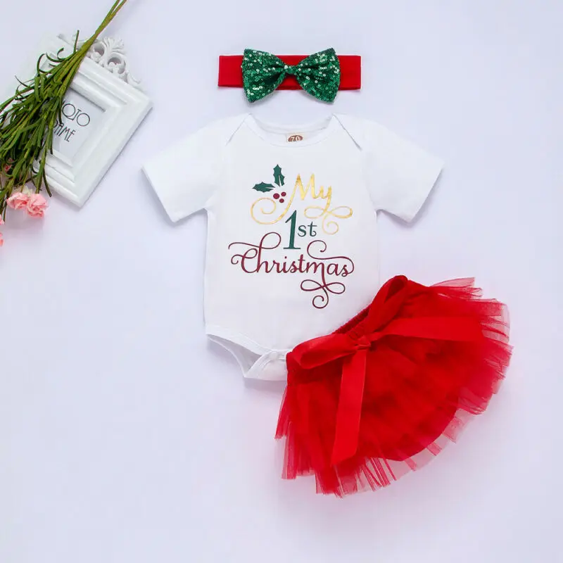 New 3PCS My 1st Christmas Baby Girl Romper+Lace Tutu Skirts Outfits Clothes | Мать и ребенок