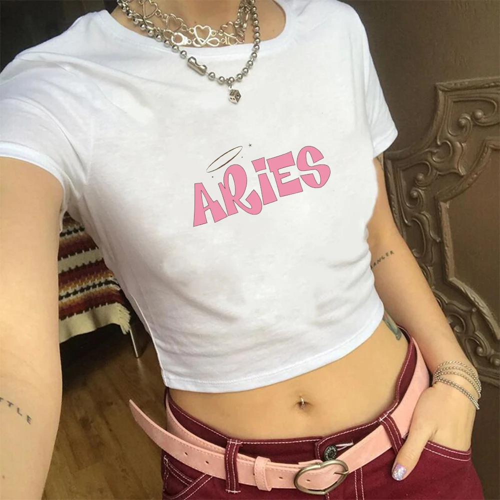 

Женский укороченный топ Овен с графическим принтом, универсальная летняя футболка с коротким рукавом, повседневная шикарная уличная одежд...