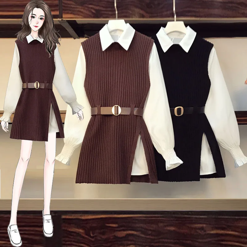 

Осень-зима 2021, женская рубашка, жилет, комплект из двух предметов, новая рубашка с рукавами-фонариками и лацканами, вязаный жилет, топ из двух...