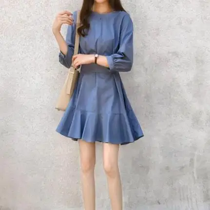Plus Size Bow Dress Women Lantern Sleeve Pleated Mini Dresse Office Loose Vestidos Blue White M-4xl AE267 | Женская одежда