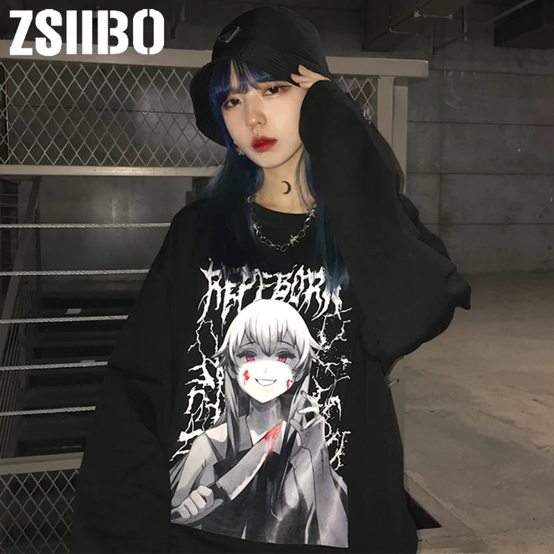 Женская готическая толстовка с круглым вырезом Ulzzang Tumblr Kawaii Повседневная