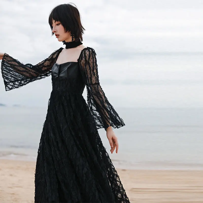 

XITAO Mesh Dress Backless Full Sleeve Vintage Patchwork Small Fresh Hollow Out Elegant 2021 Summer Loose Dress Top LDD1426