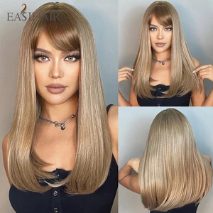 EASIHAIR Long Brown Straight Synthetic Wigs for Women Wigs with Bangs Daily Natural Hair Wigs Heat Resistant Christmas Gifts