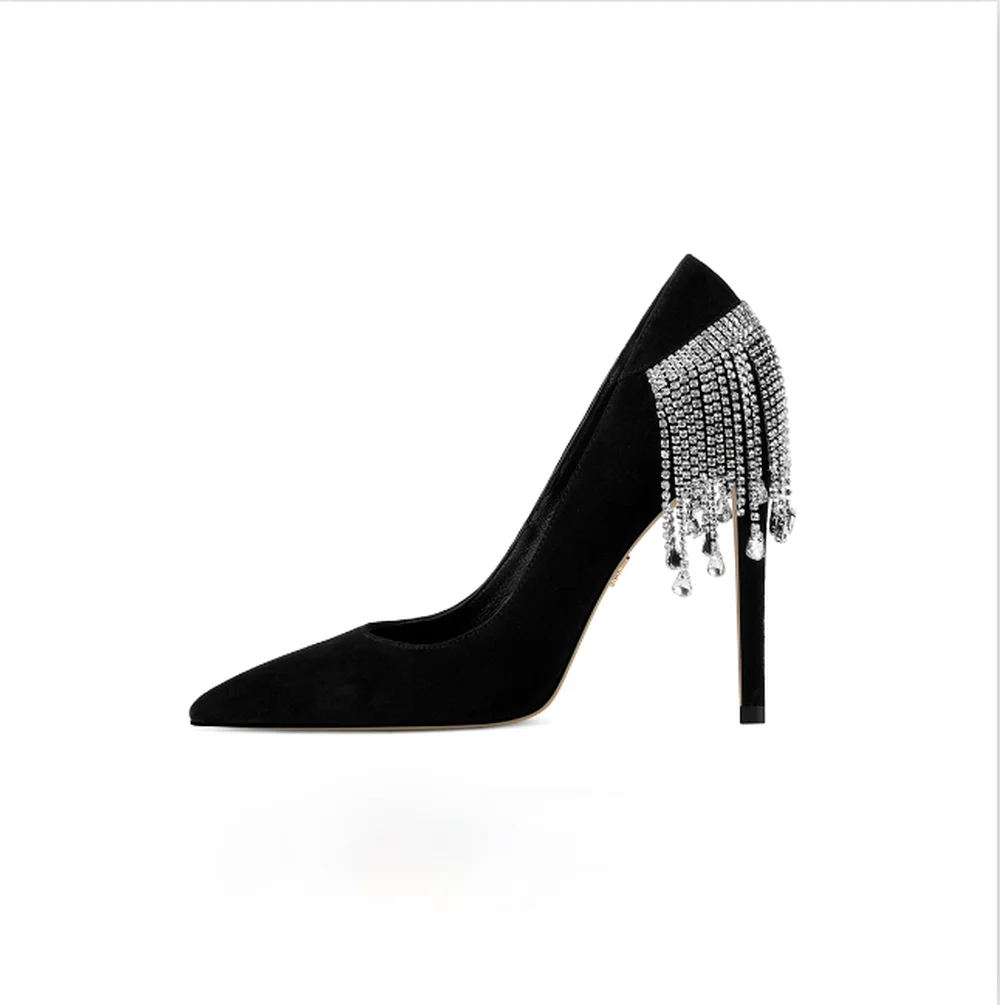 

Womens Pointy Toe Rhinestones Crystal Tassels Stilettos High Heel Shoes Pumps Luxury Party Wedding Banquet Black DIY New 2022