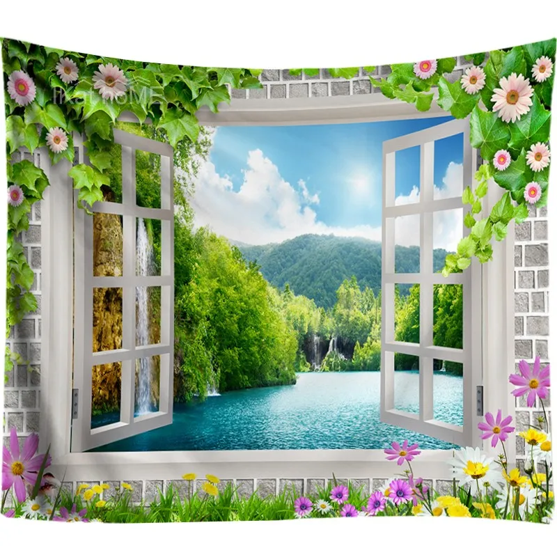 

Multicolor Flower Psychedelic Tapestry Mountain Wall Hanging Scenery Outside the Window Art Decor Wall Cloth Hippie Tapestries