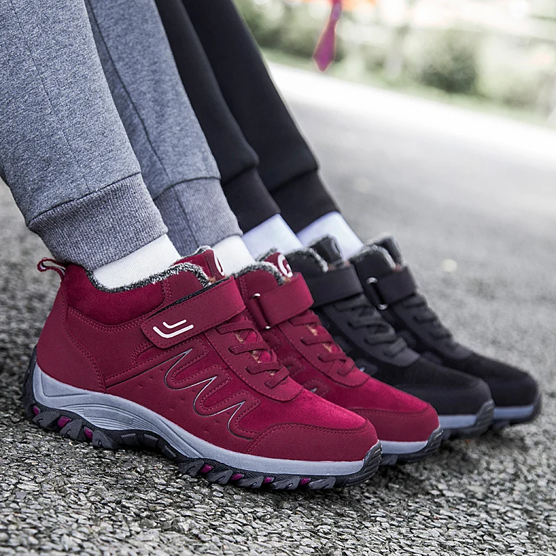 Женские кожаные ботинки на плоской подошве водонепроницаемые кроссовки меху с