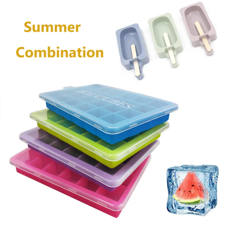 

Silicone Ice Cube Maker Icecream Popsicle Mould Set Cold Drinks Whiskey Cocktails Kitchen Tools Accessories Ice Mold with Lid