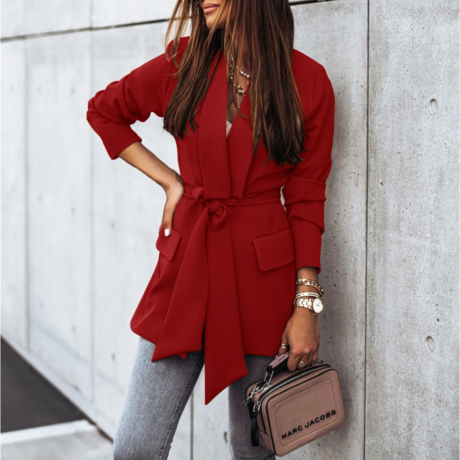 

Ladies blazer Coat Autumn Fashion Long-sleeved Lapel Button Slender Belt Slim Solid Casual Female Suit Top Coat Outwear 2021 #40
