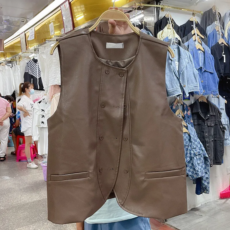 

Spring Autumn Double Breasted O Collar Faux Leather Vest Women Sleeveless Motorcycle Biker Jacket Casual Streetwear Veste Femme