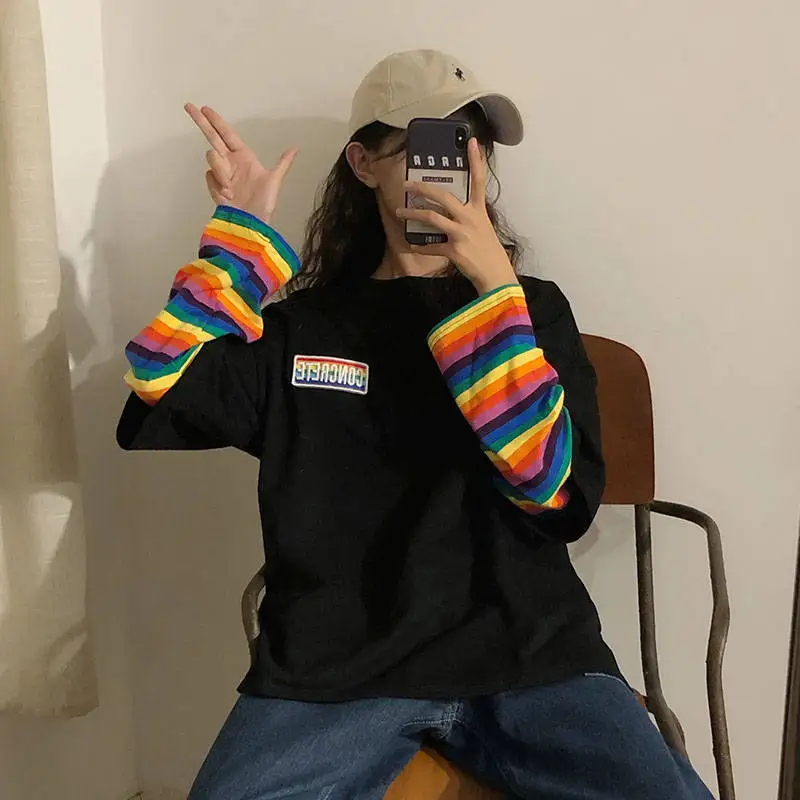 Милый джемпер Женская мода Ulzzang девушка печати Женская футболка уличная одежда с длинным рукавом весна осень Женская Повседневная футболка Топы повседневные