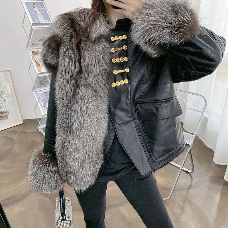 

Women Coat Winter High Quality 2021 New Fashion Short Length Naural Real Sheep Fur Jacket Splicing Genuine Fox Fur Thick Warm