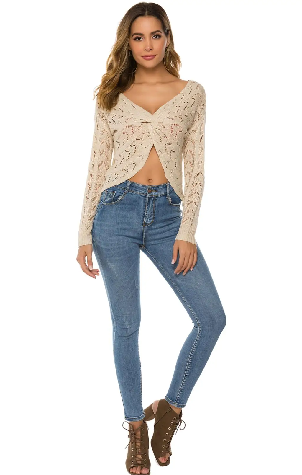 

New Women's Sweater Open Back Sexy Tops Fall V Neck Criss Cross Long Sleeve Loose Knitted Sweater Pullovers