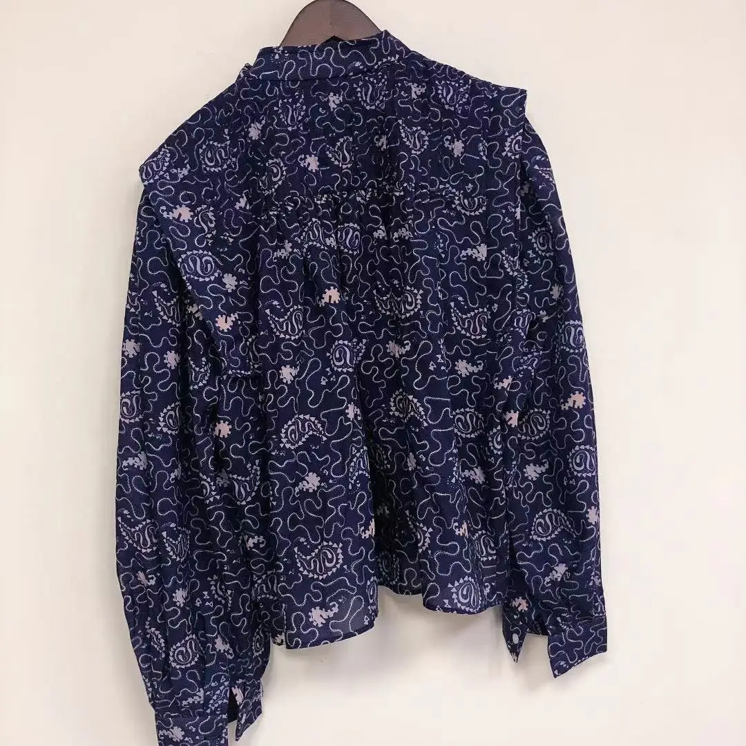 

Vintage Pattern Print Women's Pleated Shirt Stand Collar Long Sleeve Irregular Blouse 2021 New Spring Summer