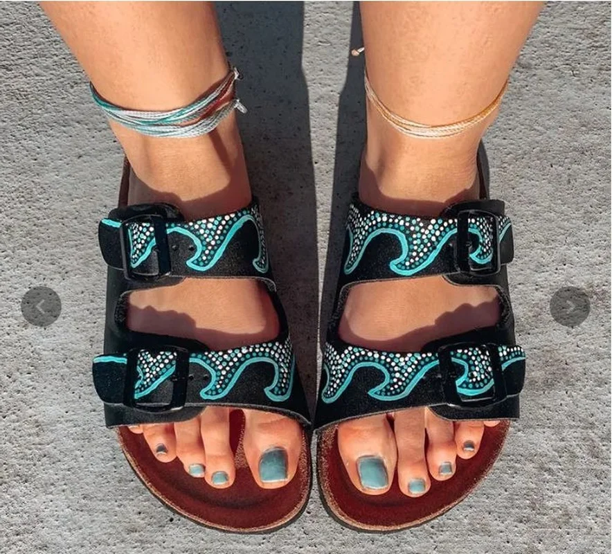 

2021 Women's Hand-painted Wave Cork Sole Slippers Fashion Hot Sale Casual Women Shoes 1kb149