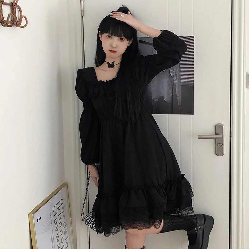 

Sweet Cool Style Dark Girl Lace Temperament Dress Women's Spring and Autumn 2021 New French Style Slimming Dress Autumn Clothing