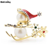 wulibaby lovely skiing snowman brooches for women designer happy christmas new year brooch pin jewelry gifts
