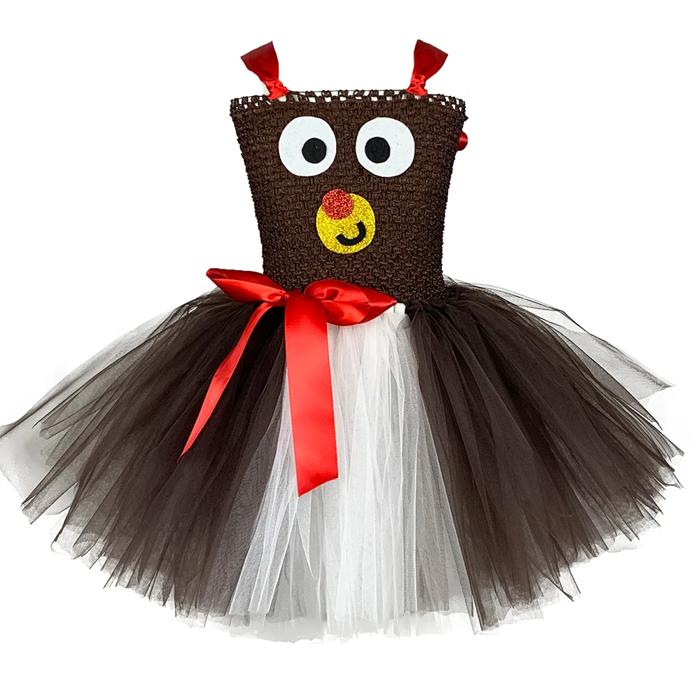 Платье пачка с изображением коричневого оленя рождественское платье для девочек