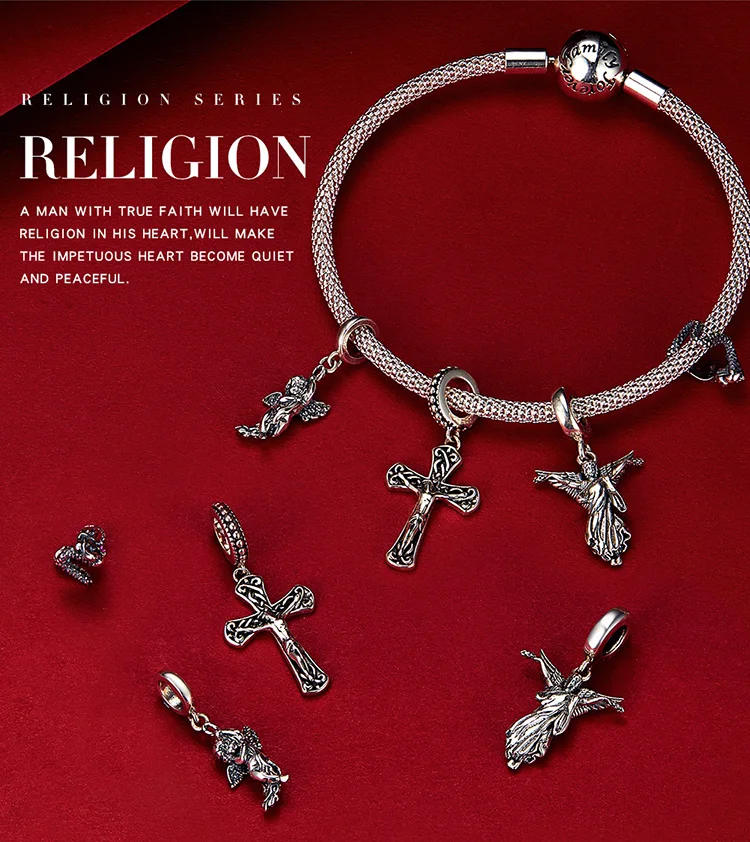 

Jesus Cross Charms BISAER Authentic 925 Sterling Silver Religion Cross Lucky Beads fit Bracelets Silver 925 Jewelry ECC1407